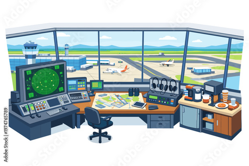 Air traffic control tower interior with radar screens and airport view