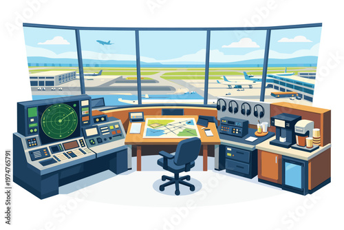 Air traffic control tower interior with radar and airport view