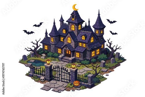 Spooky haunted mansion with bats and jack-o'-lanterns on a moonlit night