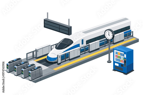 Modern high-speed train at a station with ticket gates and vending machine