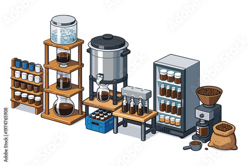 Cold brew coffee production setup with brewing equipment and storage