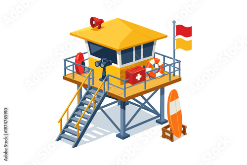Bright yellow lifeguard tower with safety equipment and surfboard on white background