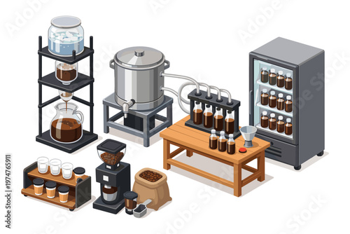 Automated cold brew coffee production line with brewing and bottling equipment