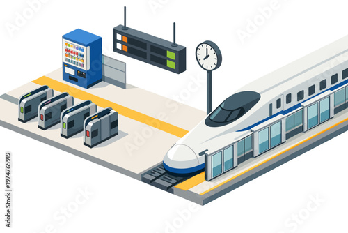 Modern high-speed train arriving at a station with ticket gates and vending machine