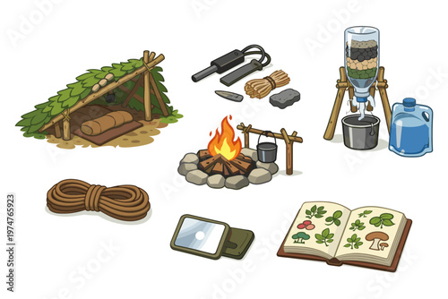 Collection of survival gear and shelter for outdoor wilderness adventures