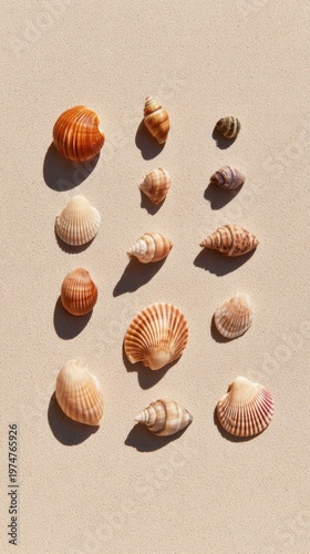 A collection of various seashells arranged artistically on a textured beige surface