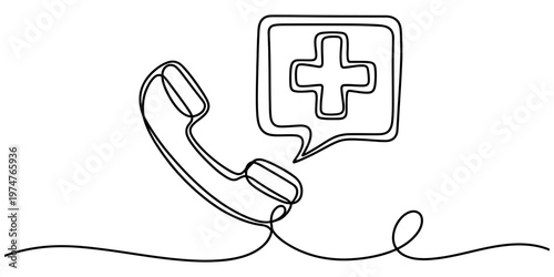 Continuous single line drawing of a telephone handset combined with a medical cross icon symbol