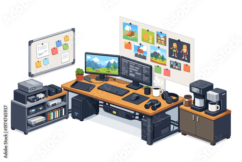 Modern isometric home office setup with dual monitors and creative inspiration board