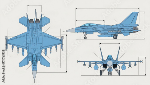 Vector CAD design of a fighter jet in various views and angles