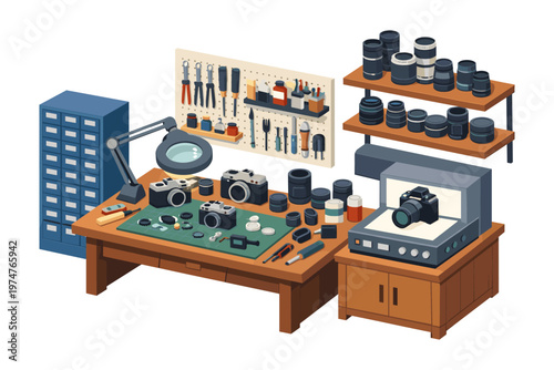 Camera repair workshop with tools, lenses, and equipment laid out on a workbench