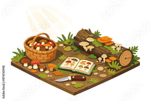 Mushroom foraging scene with basket, identification book, and knife in forest setting