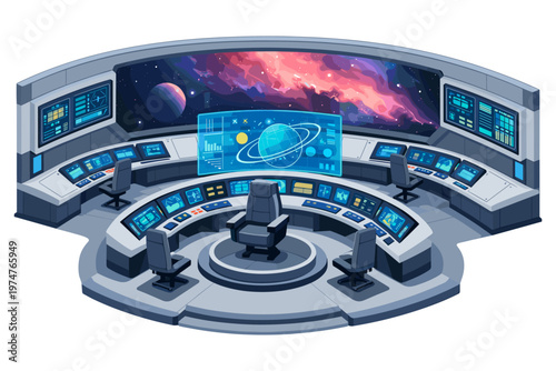 Futuristic spaceship bridge with holographic displays and cosmic view