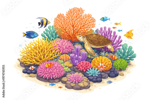 Vibrant coral reef teeming with marine life and a sea turtle swimming