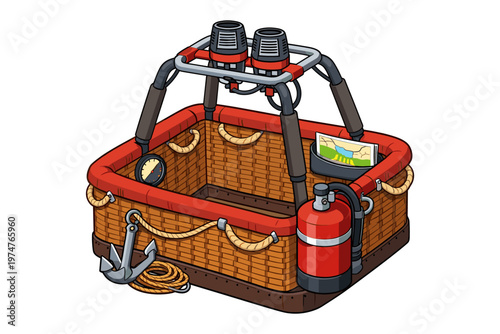 Detailed illustration of a hot air balloon basket with equipment for flight