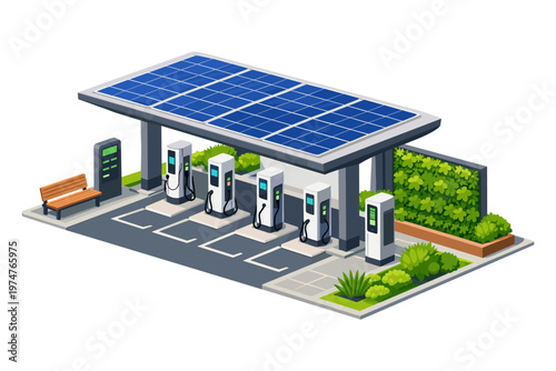 Modern electric vehicle charging station powered by solar panels and surrounded by greenery