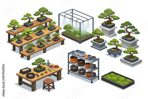 Isometric collection of bonsai trees and gardening tools for cultivation and display