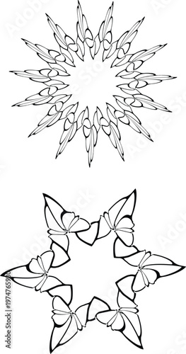 Intricate floral star patterns composed of leaves and petals in a symmetrical design. Vector



