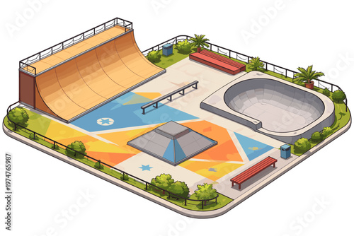 Isometric view of a vibrant skatepark with ramps, bowls, and rails for extreme sports