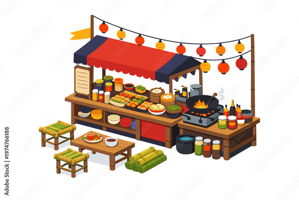 Obraz premium Colorful street food stall with various dishes and decorations