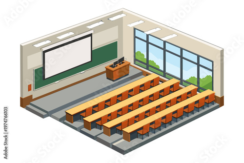 Modern lecture hall with tiered seating and large windows overlooking greenery