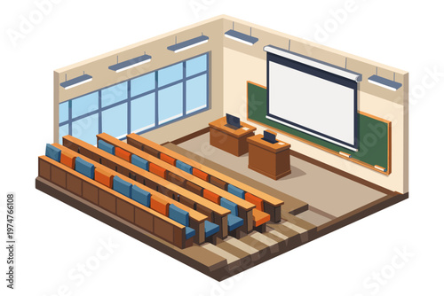 Modern lecture hall with tiered seating and presentation screen