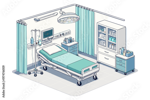 Hospital room interior with medical equipment and patient bed in isometric view