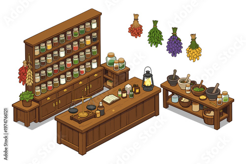 Isometric apothecary shop interior with shelves of potions and herbal remedies