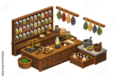 Vintage apothecary shop interior with shelves of potions and dried herbs