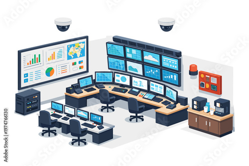 Modern control room with multiple monitors displaying data and security cameras