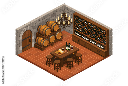 Cozy wine cellar with barrels, bottles, and tasting table, isometric view