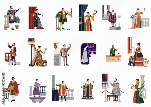 Collection of flat vector illustrations depicting characters in historical Renaissance costumes for theater, opera, and classical music performances.