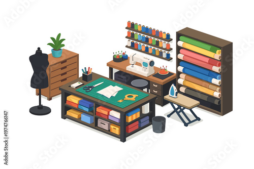 Cozy sewing room with mannequin, sewing machine, and fabric rolls