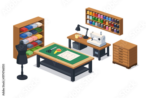 Cozy sewing room with fabric rolls, mannequin, and sewing machine