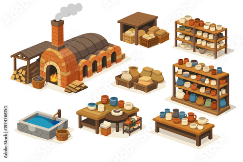 Isometric pottery workshop with kiln, shelves of ceramics, and water trough