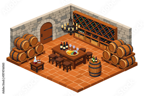 Cozy wine cellar with barrels, tasting table, and extensive wine rack