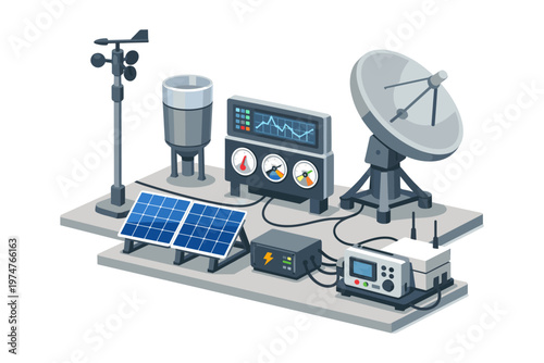 Modern weather station with solar panels and satellite dish for data collection