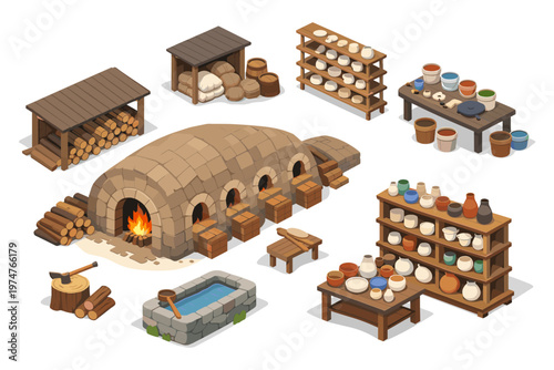 Illustration of a pottery workshop with a kiln, shelves of ceramics, and tools