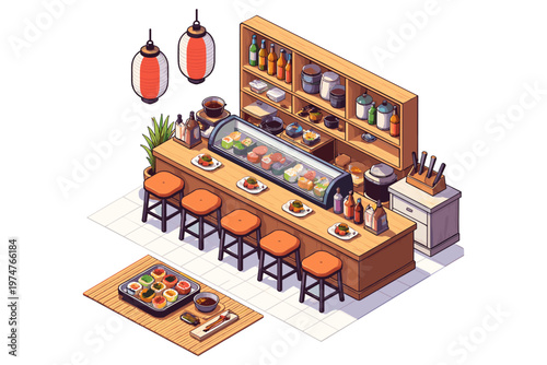 Cozy Japanese sushi bar interior with fresh seafood and seating