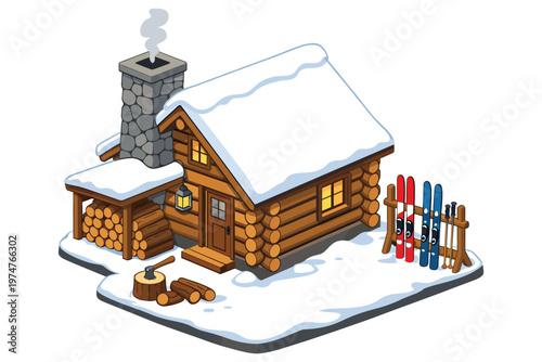 Cozy snow-covered log cabin with skis and firewood ready for winter activities