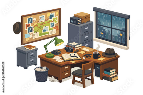 Detective's office with case board, desk, and rainy window view
