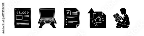 Set of hand-drawn blogging and content creation silhouette icons, including laptop typing, article document, megaphone promotion, and mobile reader. Perfect for writing and digital media themes.
