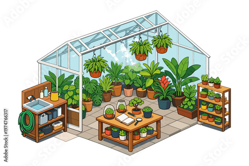 Cozy greenhouse filled with lush green plants and gardening tools for a serene botanical escape
