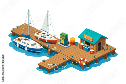 Isometric marina with sailboats docked at a wooden pier with a small building and gas pump