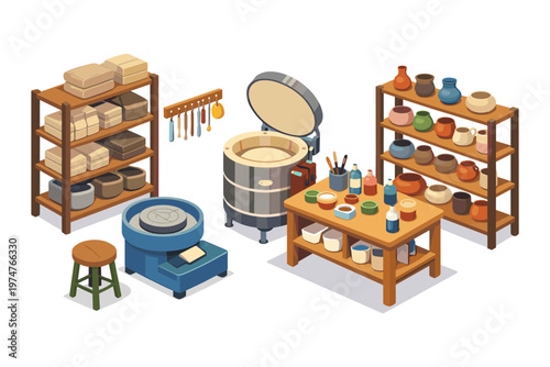 Ceramics studio setup with pottery wheel, kiln, shelves, and supplies
