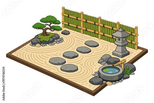 Serene Japanese Zen garden with raked sand, stones, and bamboo fence