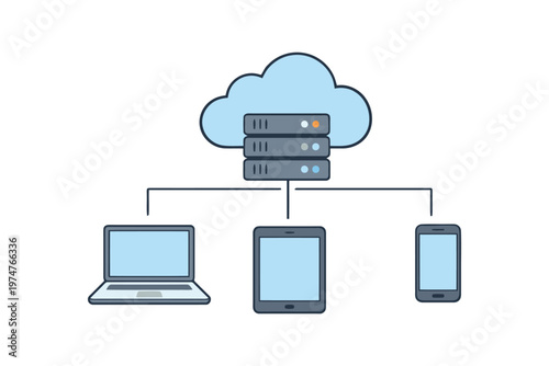 A conceptual illustration of cloud computing services connecting multiple user devices together