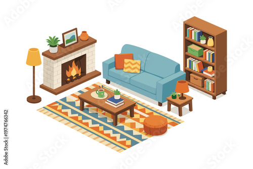 Cozy isometric living room scene with fireplace, sofa, and bookshelf