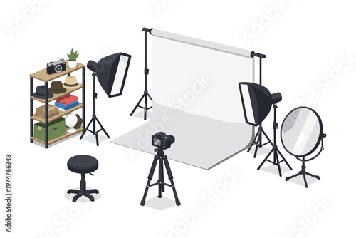 Professional photography studio setup with lighting equipment and backdrop