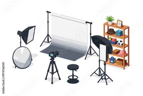Professional photography studio setup with camera, lighting, and props on shelves