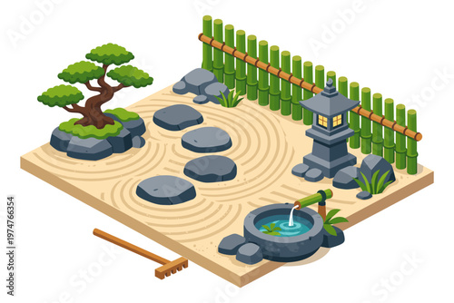 Serene isometric Japanese zen garden with raked sand and stone lantern